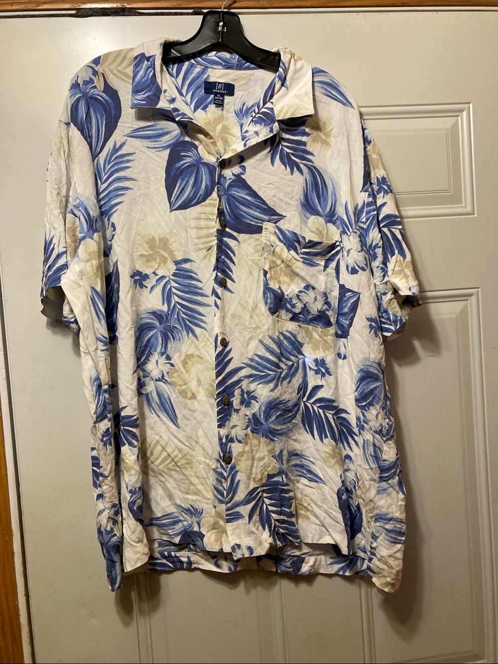 George Blue and Cream Tropical Print Button-Up Shirt XL‎